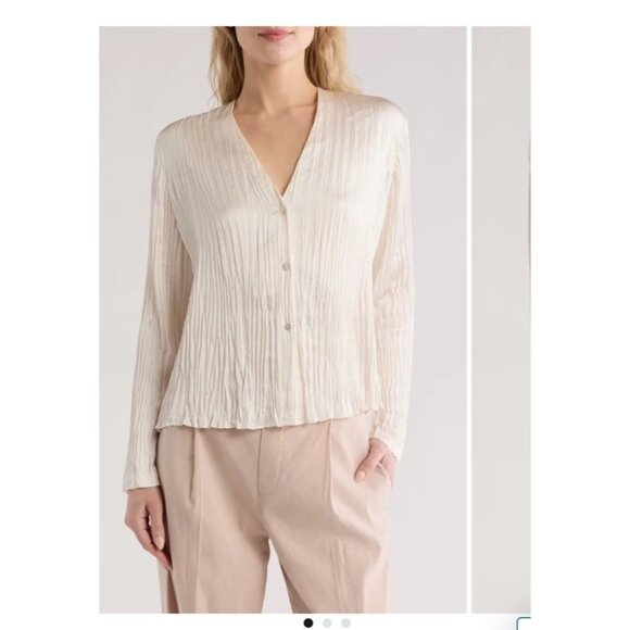 Vince Pleated Crushed V Neck Top Crinkle Satin Button-Up Ivory Blouse Sz Large - Picture 1 of 4